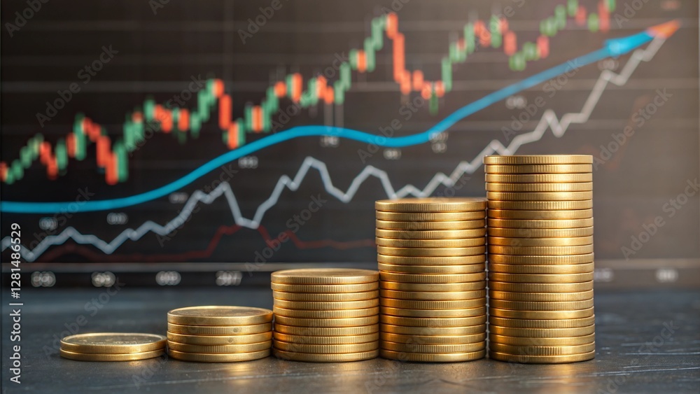 Stacks of gold coins arranged in increasing order on wooden surface with financial charts in background
Stacks of gold coins arranged in increasing order on wooden surface with financial charts in background
