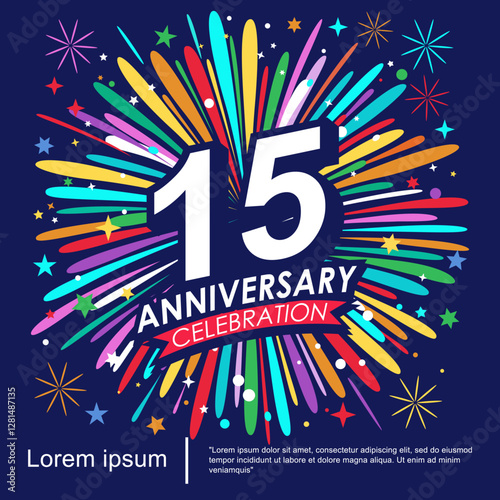 15th years anniversary celebration logo isolated with ribbon, stars and fireworks sparkle twinkle. vector illustration template design for web, flyers, poster, invitation card or greeting card