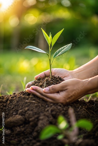 Person planting young sapling in soil, nurturing environmental sustainability and growth in nature
