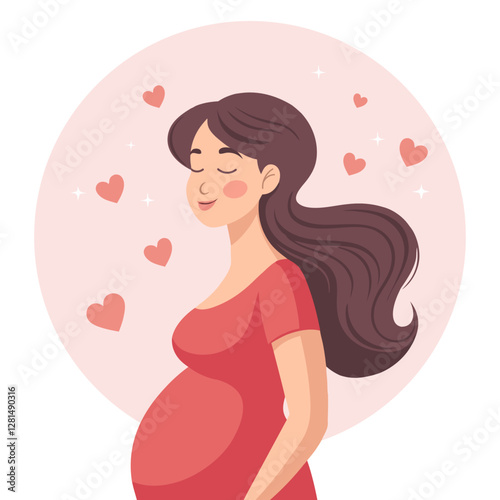 Cute happy pregnant woman with long hair, future mom. Flat style illustration