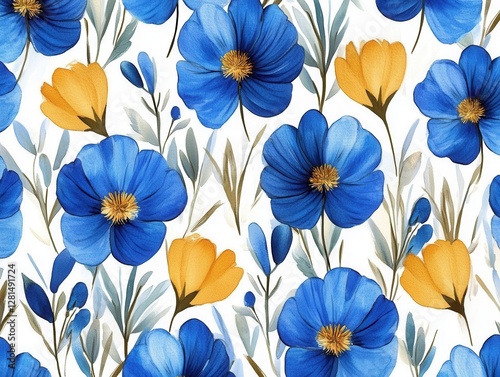 Wallpaper Mural Vibrant floral pattern with blue and yellow flowers on a white background in watercolor style Torontodigital.ca