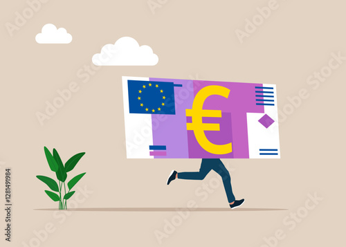 Funny running euro banknote instead of body. Thinking about money decision, financial planning or investment strategy, profit and loss, expense or tax. Flat vector illustration