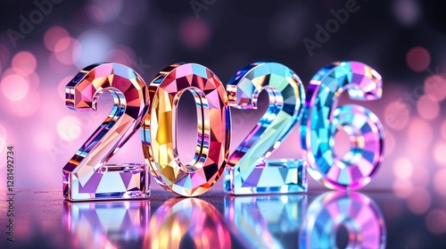 Vibrant New Year 2026 image: dynamic 3D crystal numbers in iridescent, gradient colors, resembling luxurious diamonds. 