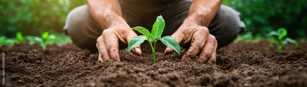 Witness the dedication in this image of Farmers hands digging a furrow for planting seeds in a rich, dark field The earthy tones emphasize the connection to the land, a picture of care and labor to Witness the dedication in this image of Farmers hands digging a furrow for planting seeds in a rich, dark field The earthy tones emphasize the connection to the land, a picture of care and labor to