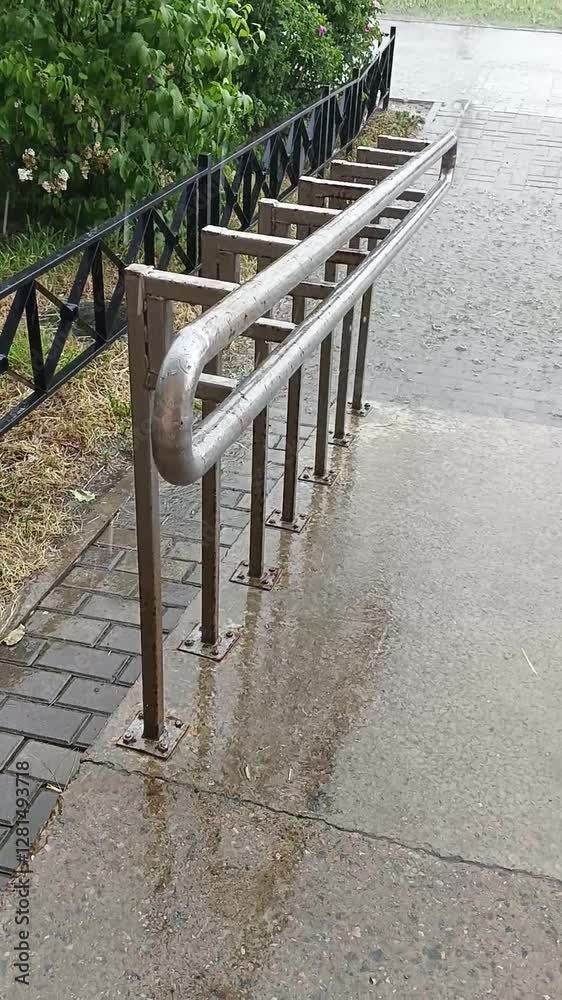 
Iron railings at the entrance to a building in the rain