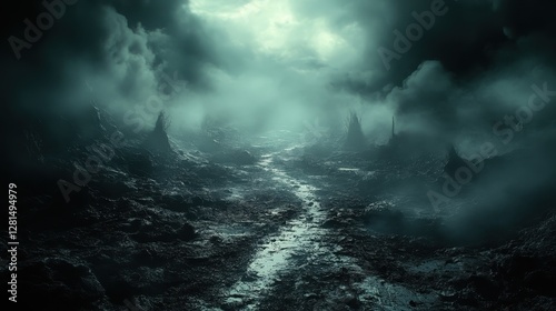 Dark fantasy landscape, mystical river, stormy sky, ominous peaks, game background photo
