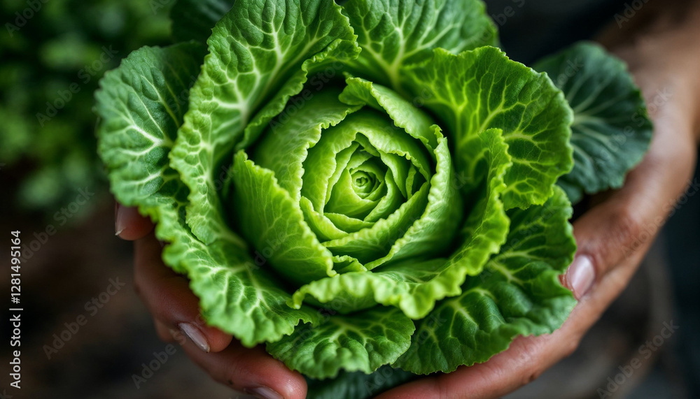 Fototapeta premium Fresh cabbage on palm hands HD image. Fresh vegetable background