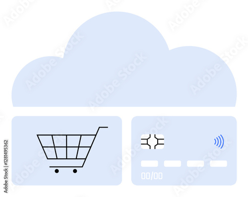 Cloud above a shopping cart and contactless credit card visuals representing e-commerce, digital payments, and technology. Ideal for online shopping, finance, fintech, cloud security, data storage