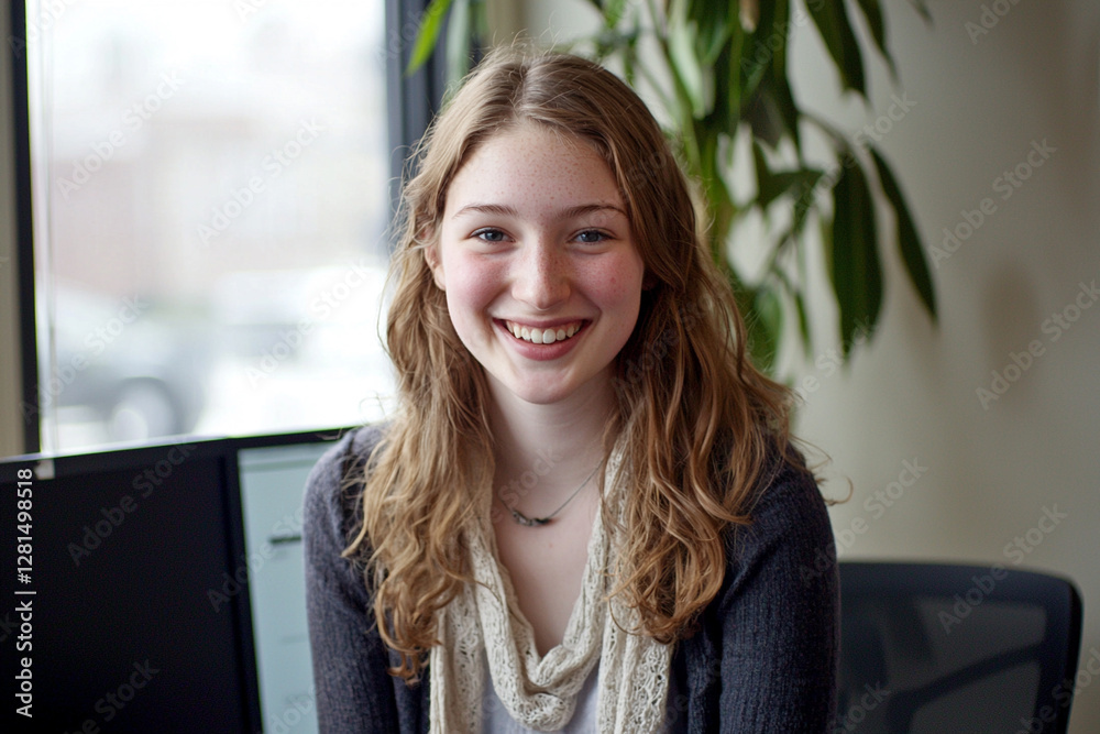 portrait of happy young woman in office. Generative AI portrait of happy young woman in office. Generative AI