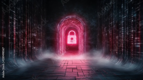 A glowing padlock hologram surrounded by digital data streams. Generative AI