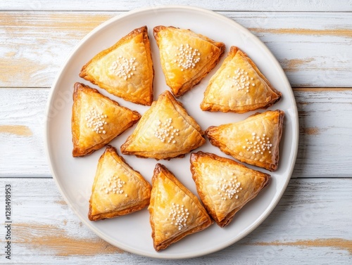 The image showcases a plate of savory sesame seed pastries, cut into triangular shapes with nutmeg flavoring. They are arranged neatly on a dining table. photo