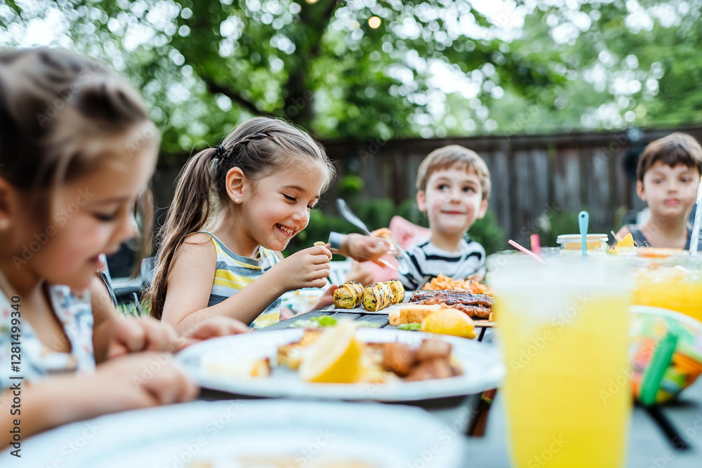 A family enjoying a summer cookout in their backyard, with grilled food, lemonade, and kids playing. Generative AI A family enjoying a summer cookout in their backyard, with grilled food, lemonade, and kids playing. Generative AI