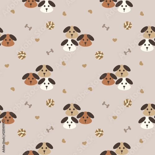 Face dog three brothers cartoon so cute. On ball bone heart background. Pattern seamless vector illustration. 