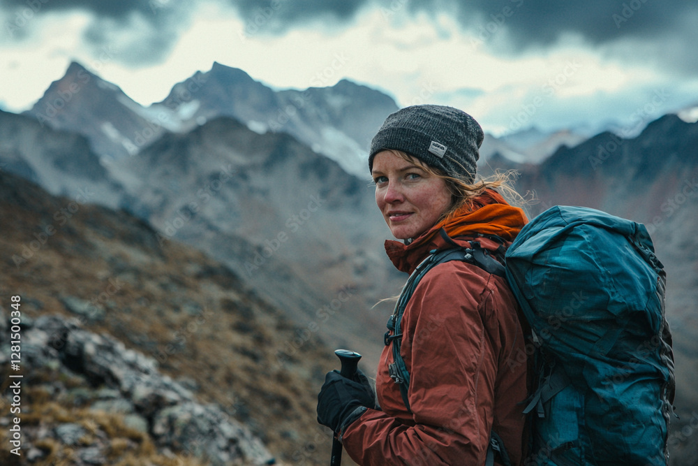 Naklejka premium woman hiker in the mountains . Generative Ai