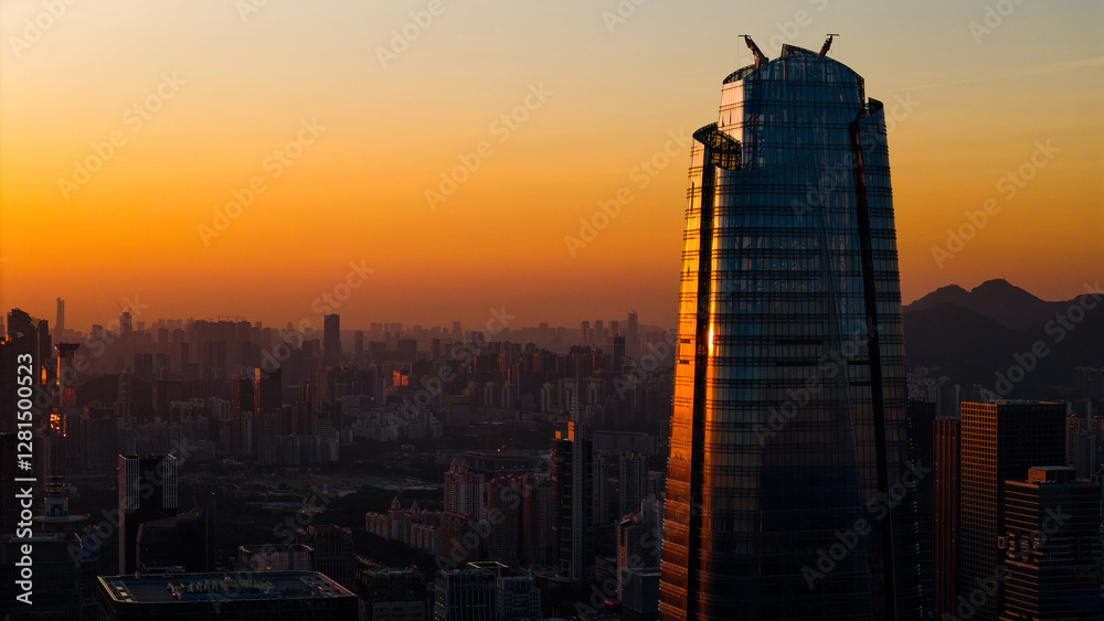 Fototapeta premium Shenzhen sunset time aerial view to skyscrapper