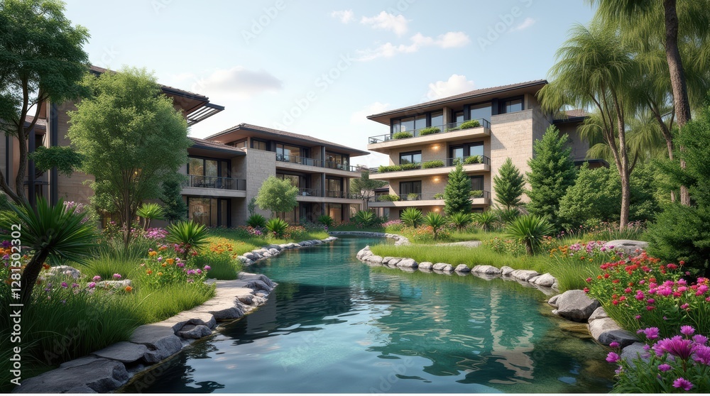 Obraz premium Serene Waterfront Resort Surrounded by Lush Gardens and Modern Architecture in Nature