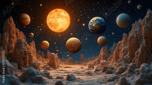 Ultra realistic lightbox diorama. Planets aligning for cosmic event. Stunning visual display of space. Unique home decor for astronomy lovers. photo