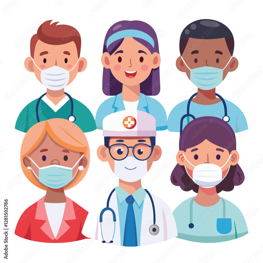 Set of smiling doctors, nurses and paramedics. Portraits of male and female medic workers in uniform with stethoscopes, masks and gloves. Flat cartoon vector illustration isolated on white background Set of smiling doctors, nurses and paramedics. Portraits of male and female medic workers in uniform with stethoscopes, masks and gloves. Flat cartoon vector illustration isolated on white background
