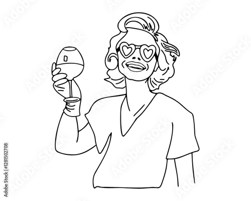 Woman in sunglasses holding a glass of wine. Funny print design of clothes. Vector