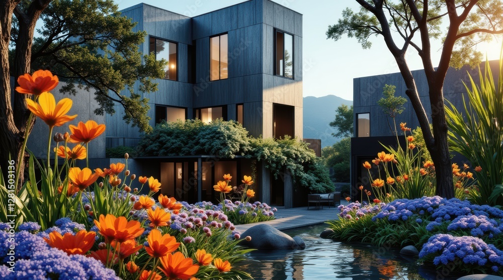 Stunning Modern Architecture Surrounded by Vibrant Flowers and Peaceful Waterscape Stunning Modern Architecture Surrounded by Vibrant Flowers and Peaceful Waterscape