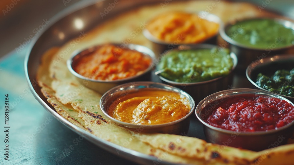 A variety of chutneys on top of a flatbread, ready to be sampled and savored. A variety of chutneys on top of a flatbread, ready to be sampled and savored.