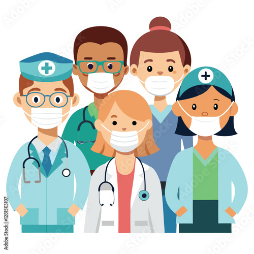 Set of smiling doctors, nurses and paramedics. Portraits of male and female medic workers in uniform with stethoscopes, masks and gloves. Flat cartoon vector illustration isolated on white background