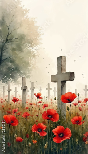 Cemetery crosses amid misty field of blooming poppies under cloudy sky for Remembrance Day, Poppy Day, Veterans Day, Anzac Day. Banner,  greeting card background, copy space. Watercolor illustration