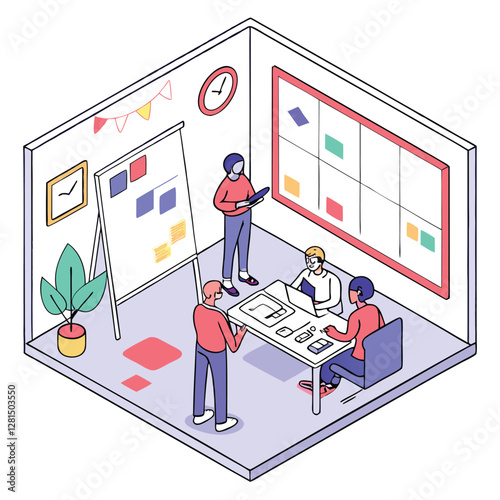 Creative startup brainstorming session with charts and sticky notes