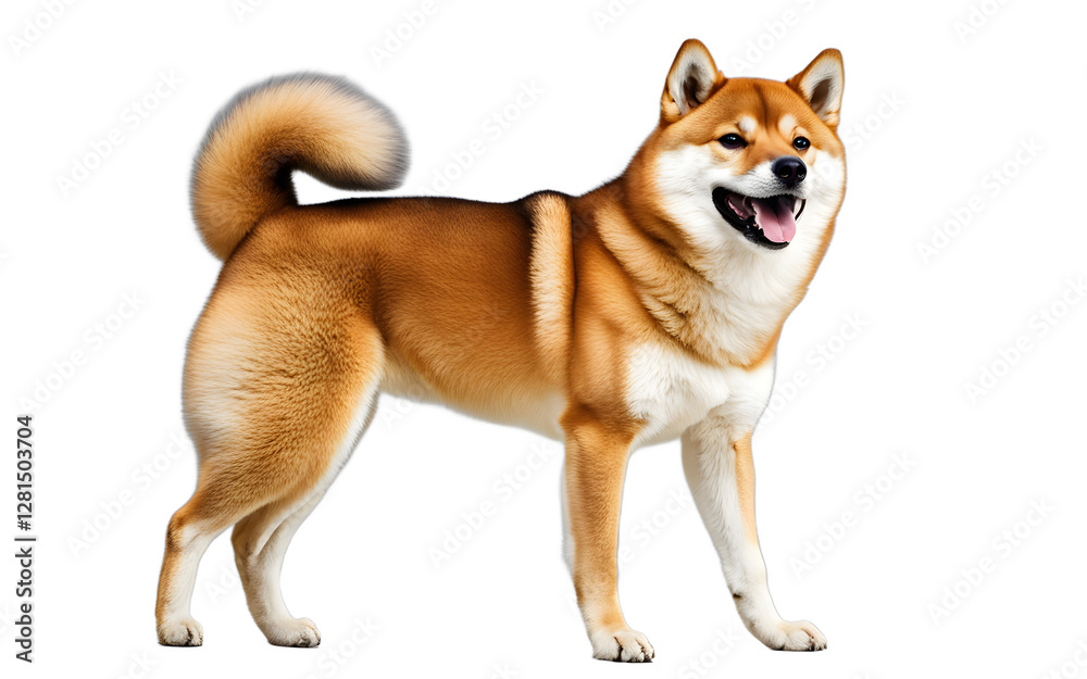 A playful Shiba Inu with a curled tail and a happy expression, isolated on a empty plain background A playful Shiba Inu with a curled tail and a happy expression, isolated on a empty plain background