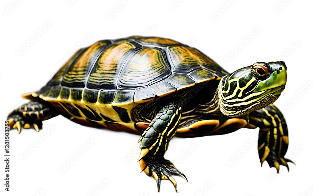 Fototapeta premium A red-eared slider turtle resting on a small rock, isolated on a empty plain background