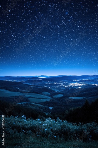 Enchanting night landscape with a starry sky over rolling hills and distant city lights creating a serene and magical atmosphere