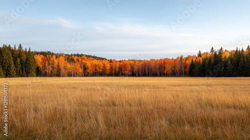 A serene landscape featuring a golden field bordered by vibrant autumn trees under a clear sky.