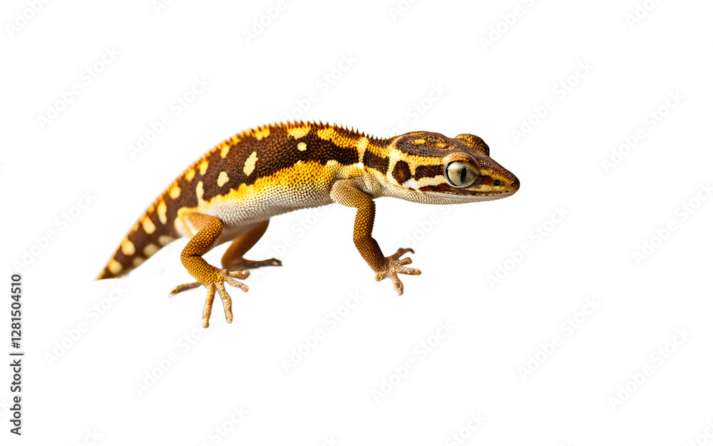 Fototapeta premium A small gecko clinging to a piece of driftwood, isolated on a empty plain background