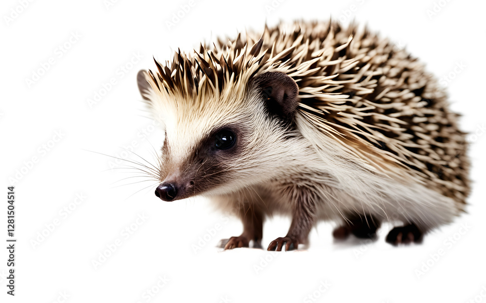 Fototapeta premium A small hedgehog sniffing the ground curiously, isolated on a empty plain background