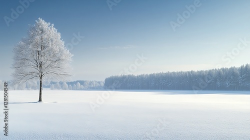 Winter landscape with solitary frozen tree in snow covered field. Clear sky and forest on background
