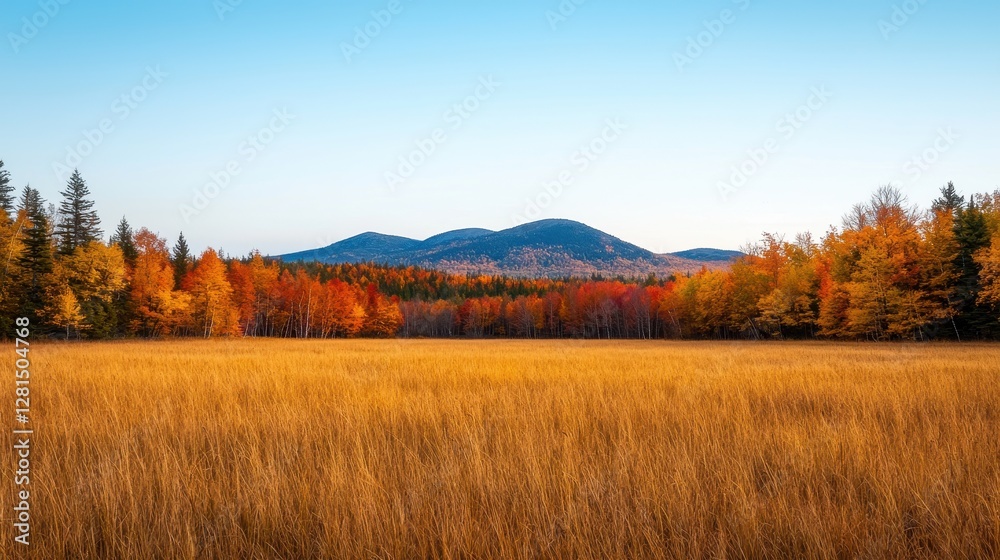 A serene landscape featuring a golden field with autumn trees and distant mountains under a clear blue sky. A serene landscape featuring a golden field with autumn trees and distant mountains under a clear blue sky.