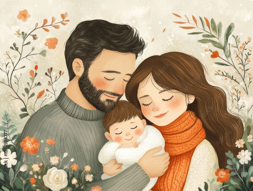 Liebevolle Familie mit schlafendem Baby umgeben von Blumen, Loving family with sleeping baby surrounded by flowers