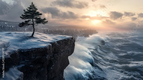A lone tree on edge of a snow covered cliff above a stormy sea. Winter snow landscape with storm waves under cliff 