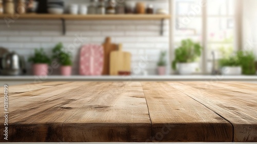 Close up wooden table top on kitchen blur background, front view, light wood tabletop plank, empty space