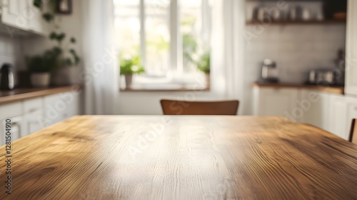 Wooden table top with window on background, front view, light wood tabletop plank, empty space
