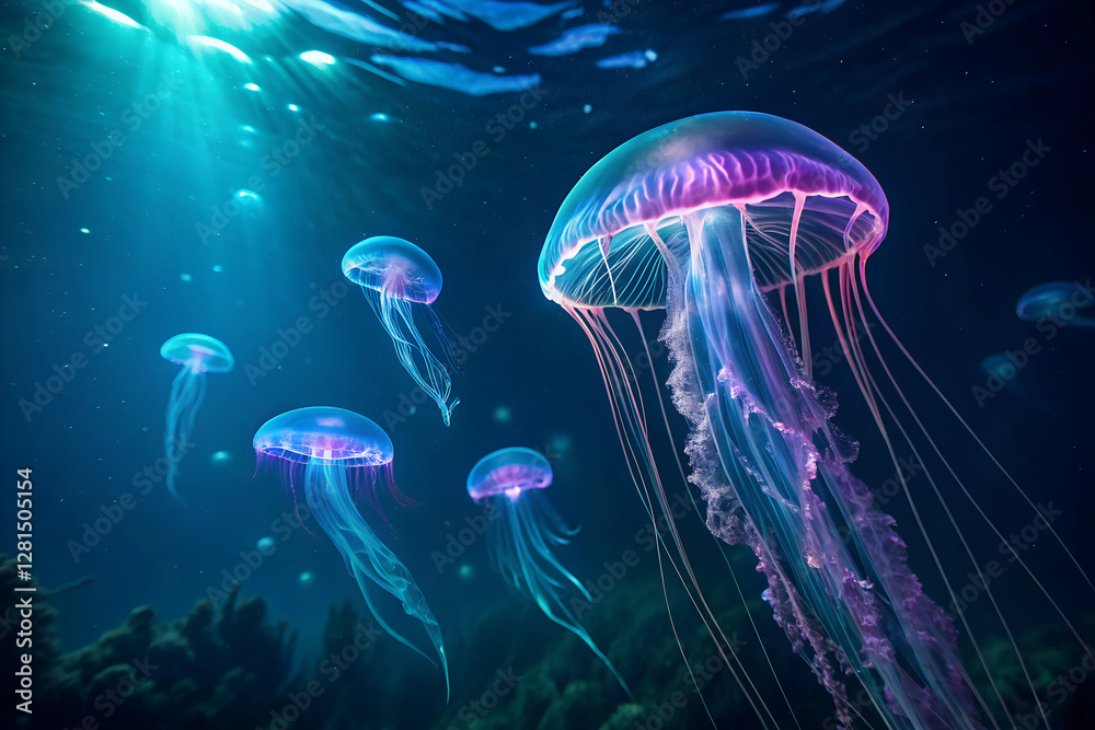 Glowing bioluminescent jellyfish in deep sea, ethereal underwater creatures, neon ocean wildlife, luminous marine life, fantasy aquatic scene, surreal nature photography, fluorescent jellyfish Glowing bioluminescent jellyfish in deep sea, ethereal underwater creatures, neon ocean wildlife, luminous marine life, fantasy aquatic scene, surreal nature photography, fluorescent jellyfish