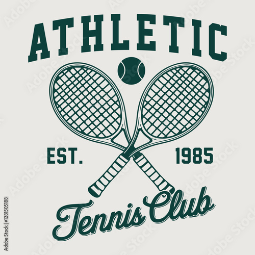 Athletic tennis club t-shirt design. College style tee shirt with tennis ball. Sport apparel print. Vector illustration. New York tennis league graphic print design. Racket tournament. Tennis college