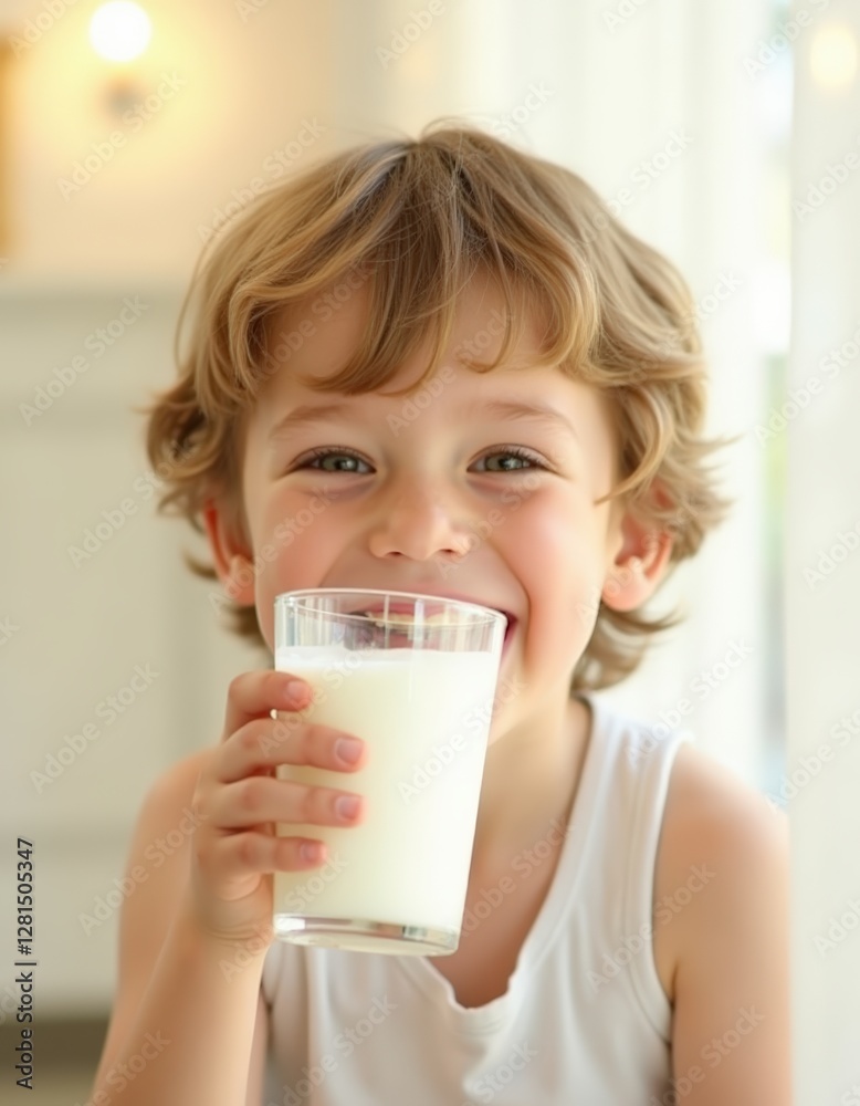 Joyful Boy Drinking Cold, Fresh Milk.Health education, Wellness Concept. family-oriented branding, health-related content, children's nutrition campaigns, dairy product advertisements Joyful Boy Drinking Cold, Fresh Milk.Health education, Wellness Concept. family-oriented branding, health-related content, children's nutrition campaigns, dairy product advertisements