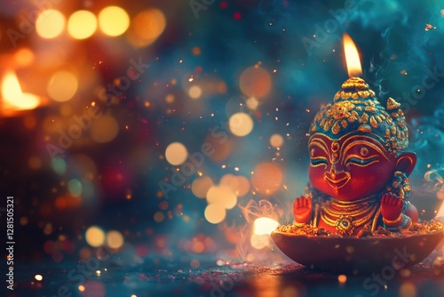 Glowing statue of Goddess with lit candle, set against backdrop of floating sparks and incense smoke, evoking sacred atmosphere during spiritual festival.