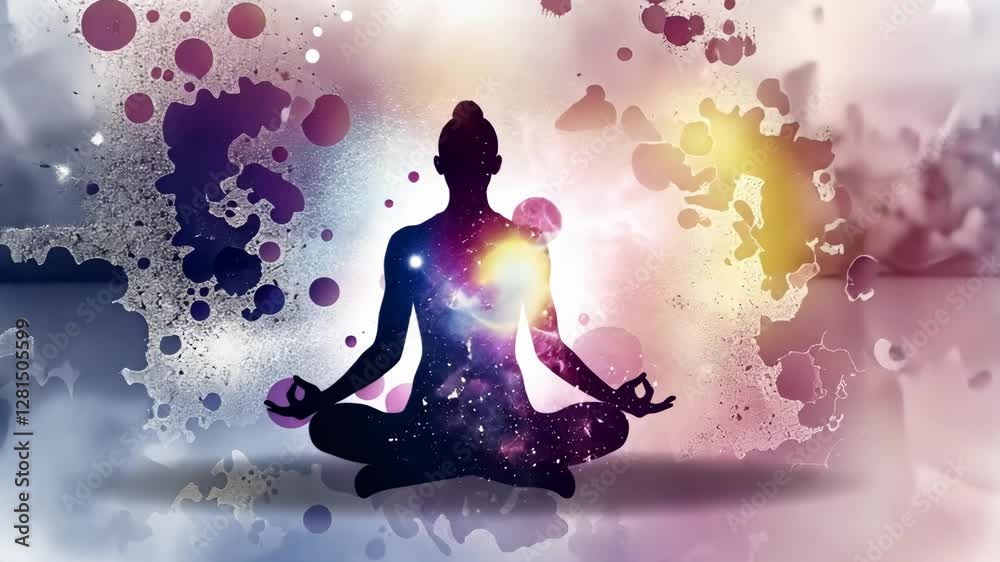 Silhouette of a meditating person with a cosmic galaxy effect inside. Abstract splashes of color create a spiritual and artistic atmosphere. 4K video Silhouette of a meditating person with a cosmic galaxy effect inside. Abstract splashes of color create a spiritual and artistic atmosphere. 4K video