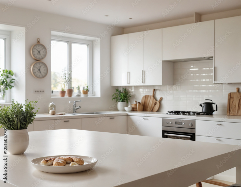 Fototapeta premium White kitchen table with blurred background of a modern kitchen. Perfect for showcasing products or food.