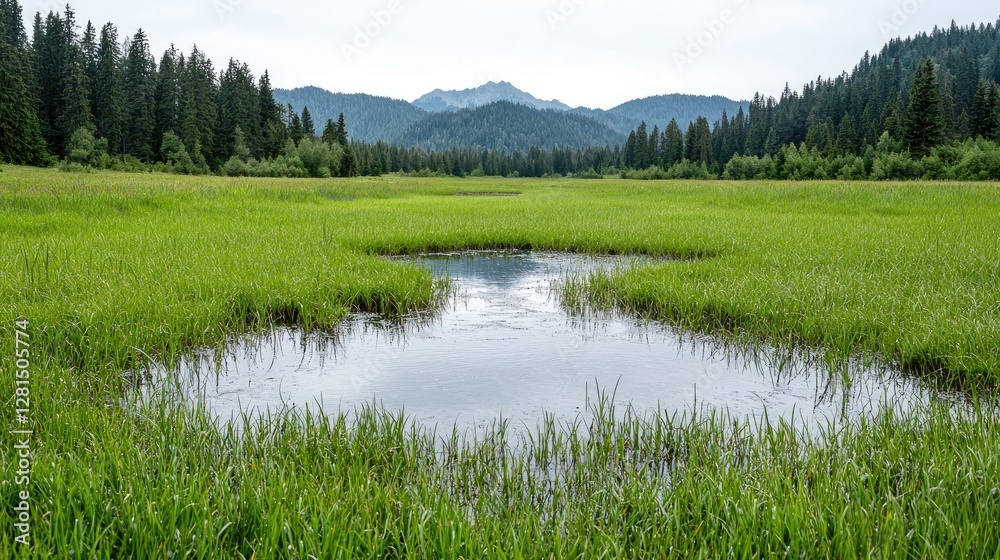 Obraz premium Small calm pond reflects the sky in a lush green mountain meadow surrounded by dense pine forest.
