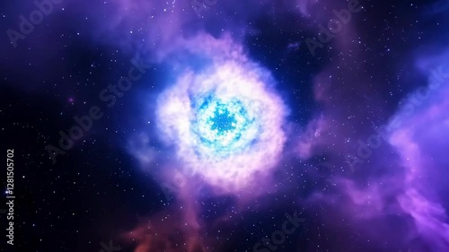 A beautiful cosmic cloud formation showcases a vibrant blue star cluster surrounded by colorful nebulae in deep space. This mesmerizing sight highlights the wonders of the universe.