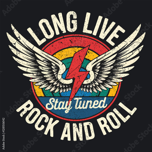 Long live rock and roll vintage vector t shirt print design. Wings illustration for fashion, sticker and others. Wing a Rock n roll, California Los Angeles, Rock music print, wings hipster vintage ,