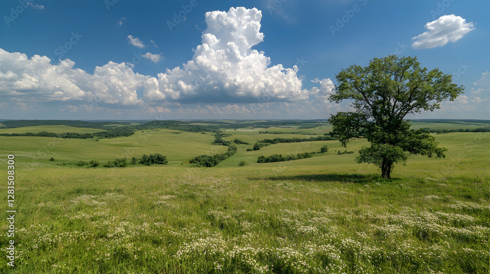 Lone tree on grassy plain under summer sky Lone tree on grassy plain under summer sky